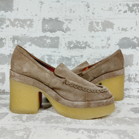 NEW Marc Fisher Taupe Tan Suede Lina Chunky Platform Heeled Loafers D1034 - Picture 3 of 11